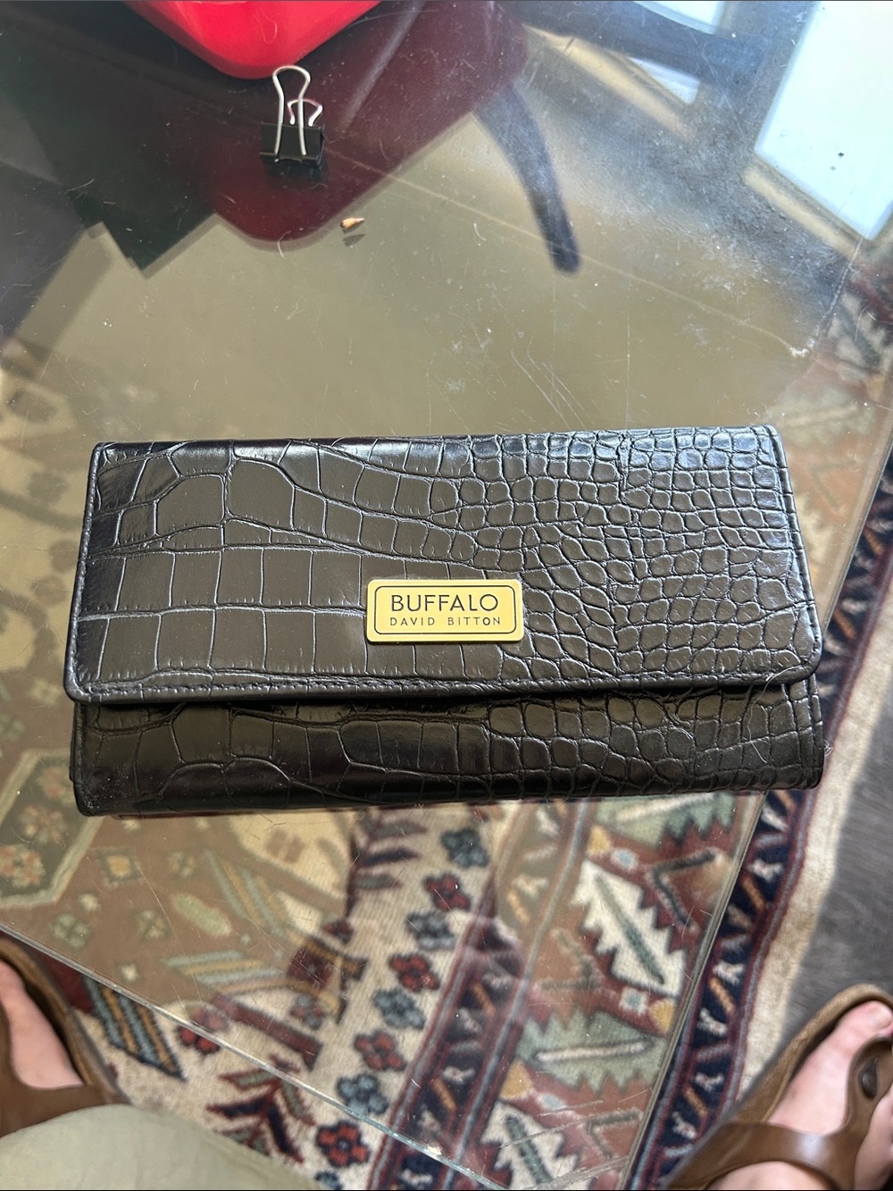 Buffalo David Bitton Black Croc-Embossed Foldover Wallet with Gold Plaque